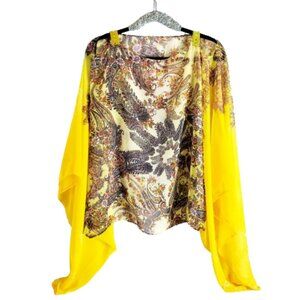 Sunshine Yellow Paisley Multi Colored Sheer Tunic Batwing Oversized Loose Top.